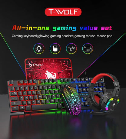 USB Keyboard And Mouse Gaming Headset Combos 4 In 1 English Gaming Wired RGB Keyboard Mouse Set With Mouse Pad and Headphones