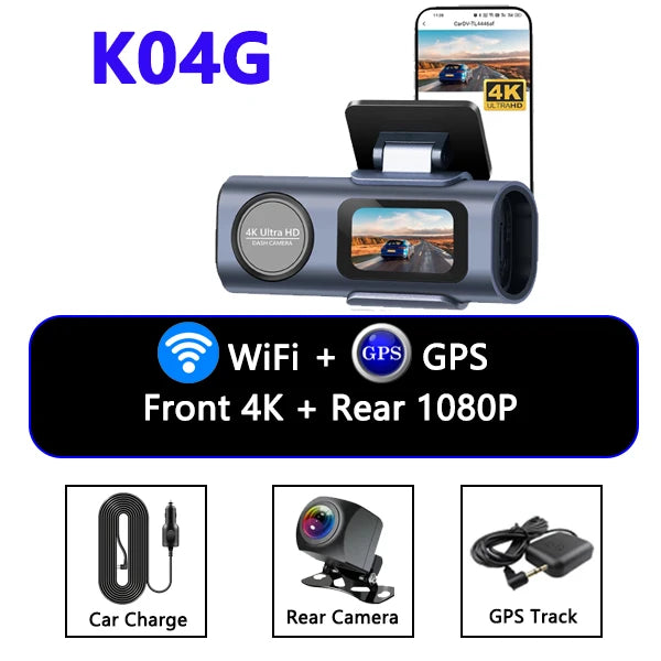 Dash Cam Front and Rear, 4K+1080P WDR Dash Camera for Cars,Built-in WiFi Car Camera with GPS Track,G-Sensor, Super Night Vision