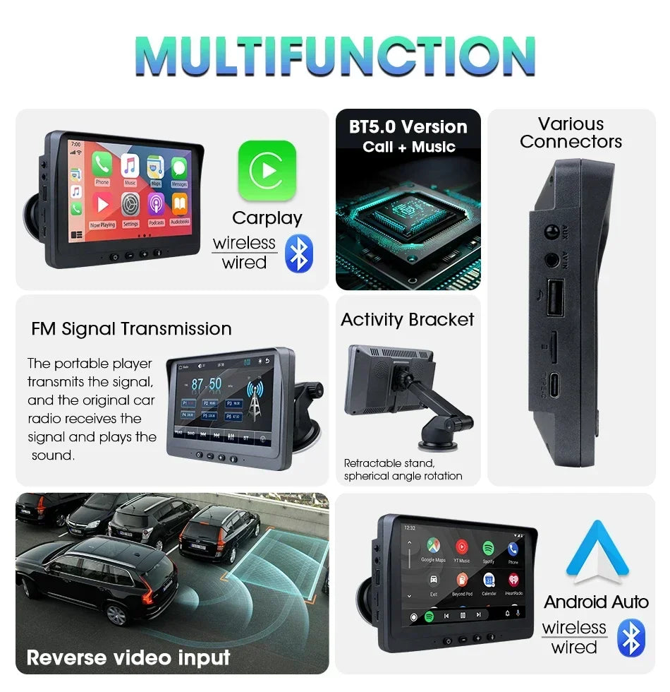 Portable 7 inch Multimedia Video Player Wireless Carplay Android Auto Touch Screen With USB AUX Dual Bluetoth Stereo Car Radio