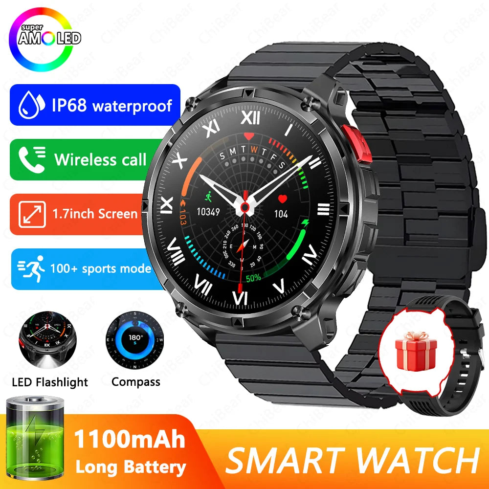 1100mAh Battery Outdoor Sport Smartwatches Men LED Flashlight Message Push Heart Rate 3ATM Waterproof Bluetooth Call Smart Watch