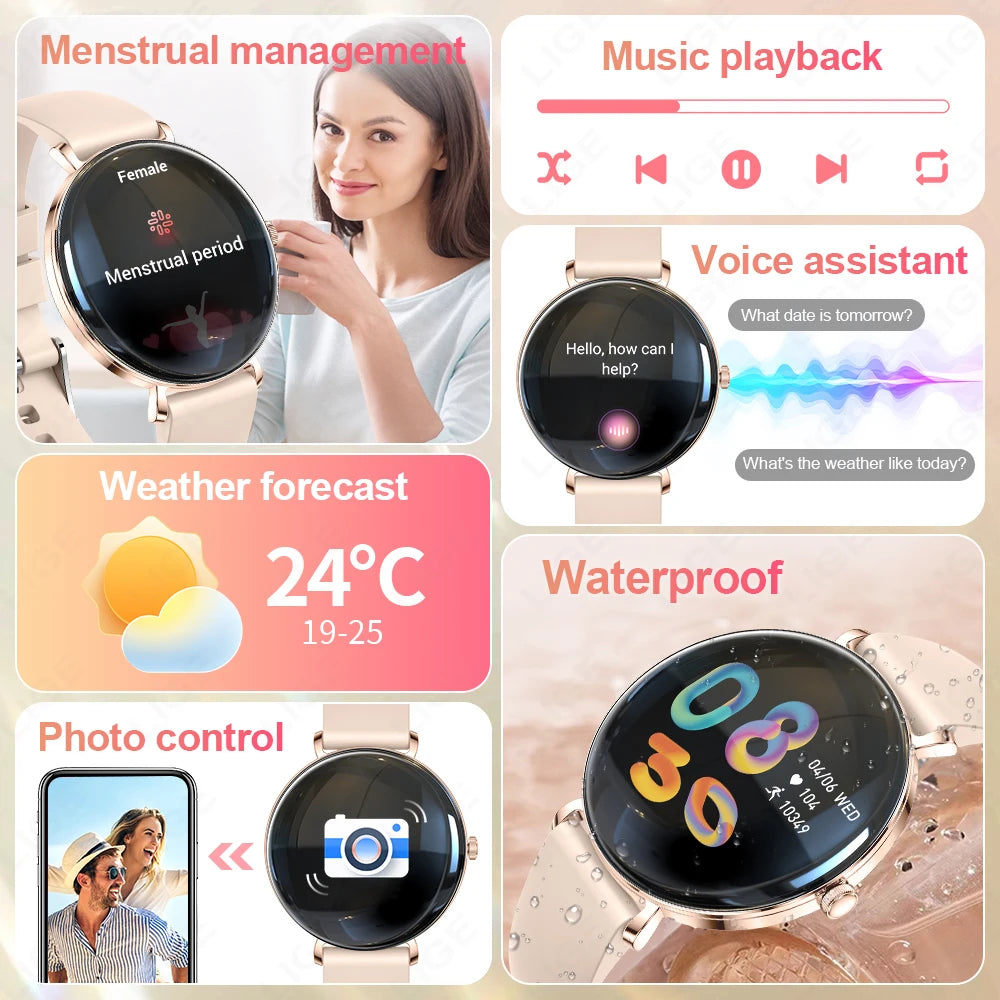 LIGE 2025 New Smart Watch Women 1.43" AMOLED HD Screen Heart Rate Sport Fitness Bluetooth Call Ladies Smartwatch For Android IOS