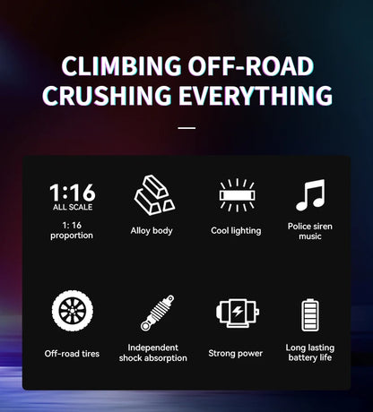 Remote-controlled off-road police car, cool police lights, simulated siren sounds, 1:16 scale alloy body,Spring shock absorption