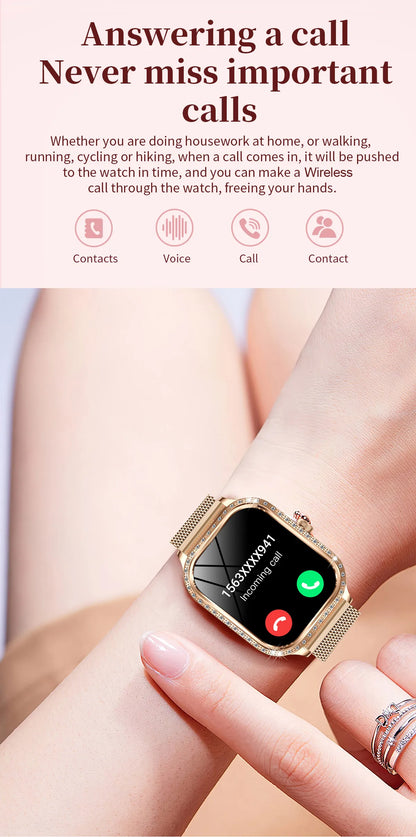 LIGE Fashion Women Smart Watch 1.75inch Curved Screen Sport Bracelet BT HD Calling Clock IP68 Waterproof Diamond Case Smartwatch
