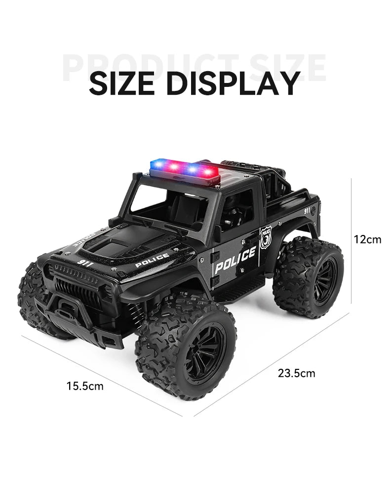 Remote-controlled off-road police car, cool police lights, simulated siren sounds, 1:16 scale alloy body,Spring shock absorption