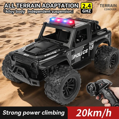 Remote-controlled off-road police car, cool police lights, simulated siren sounds, 1:16 scale alloy body,Spring shock absorption