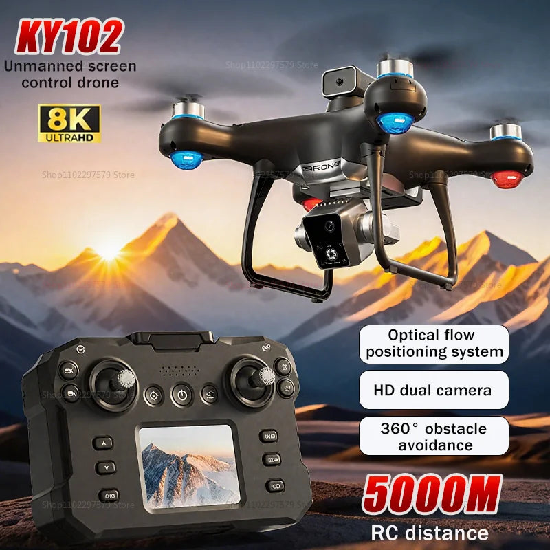 New KY102 Remote Control Drone With 8K HD Dual Cameras 360°Obstacle Avoidance Brushless Motors Screen Aerial Photography RC Toy