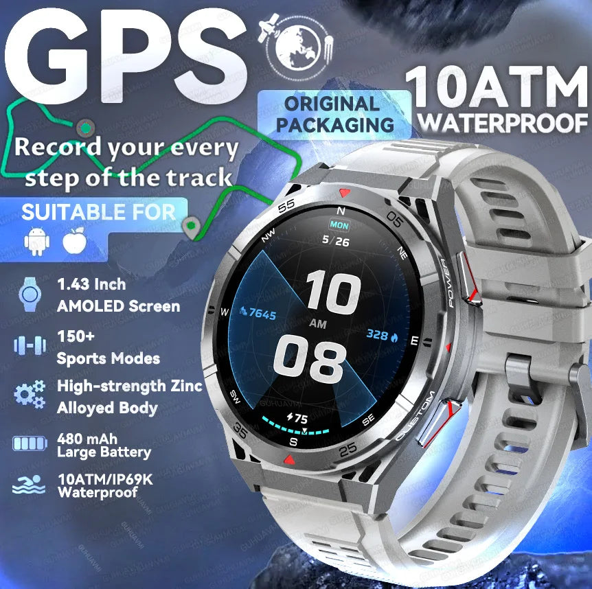 New Outdoor Built-in GPS Smart Watch Men 1.43'' AMOLED Display Compass 3ATM Waterproof Swimming Grade Bluetooth Call Smartwatch
