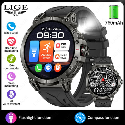 New Military Smart Watch Men 760mAh Large Battery LED Flashlight Compass 1.8"HD Screen Heart rate Waterproof BT Call Smartwatch
