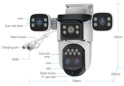 Four Lens WiFi Security Camera 20MP Four Screens Outdoor 10X Optical Zoom Human Auto Tracking Waterproof Multi-Camera System