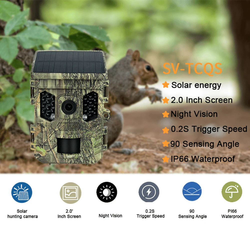 Wildlife Camera Solar Energy Trail Cam 4K with 1080P Night Vision Waterproof BT WiFi APP 16MP Game Camera with Motion Activation
