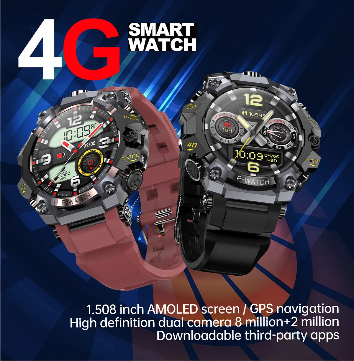 4G LTE Android Smart Watch With 1.508-inch Amoled Screen 8MP Dual Camera GPS IP68 Waterproof Outdoor sports Health monitoring