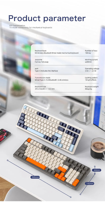 K8 100 Key Wireless Mechanical Keyboard Tri-mode Connection,Full Key Hot Swap,lighting Effects,Gasket Muffler Structure, Laptops