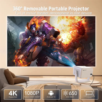 Salange 360° Projector Native 1080P 650ANSI 4K Android 11 With Auto Keystone Focus Air Mouse Wifi6 BT5.2 Portable Movie Outdoor