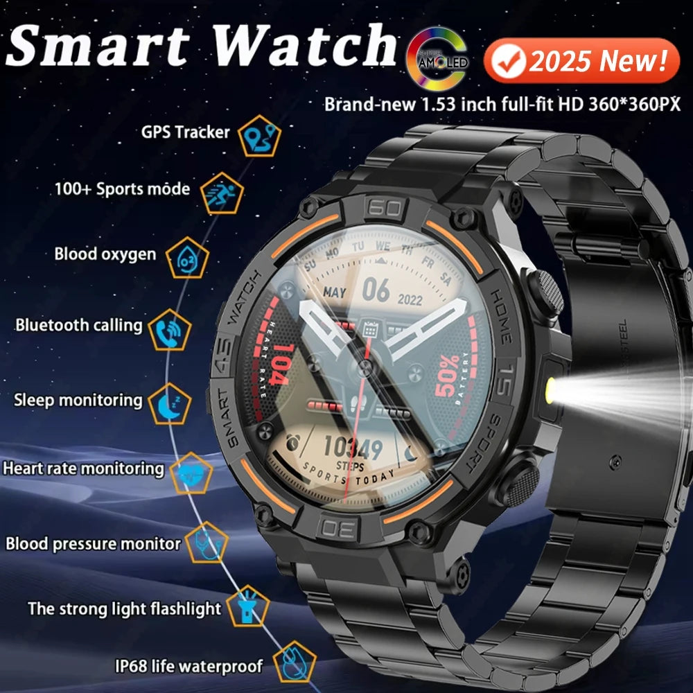 Outdoor Smart Watch with Flashlight Male Sports Fitness Waterproof Watch 24 Hours Heart Rate Monitor Bluetooth Call Smartwatch