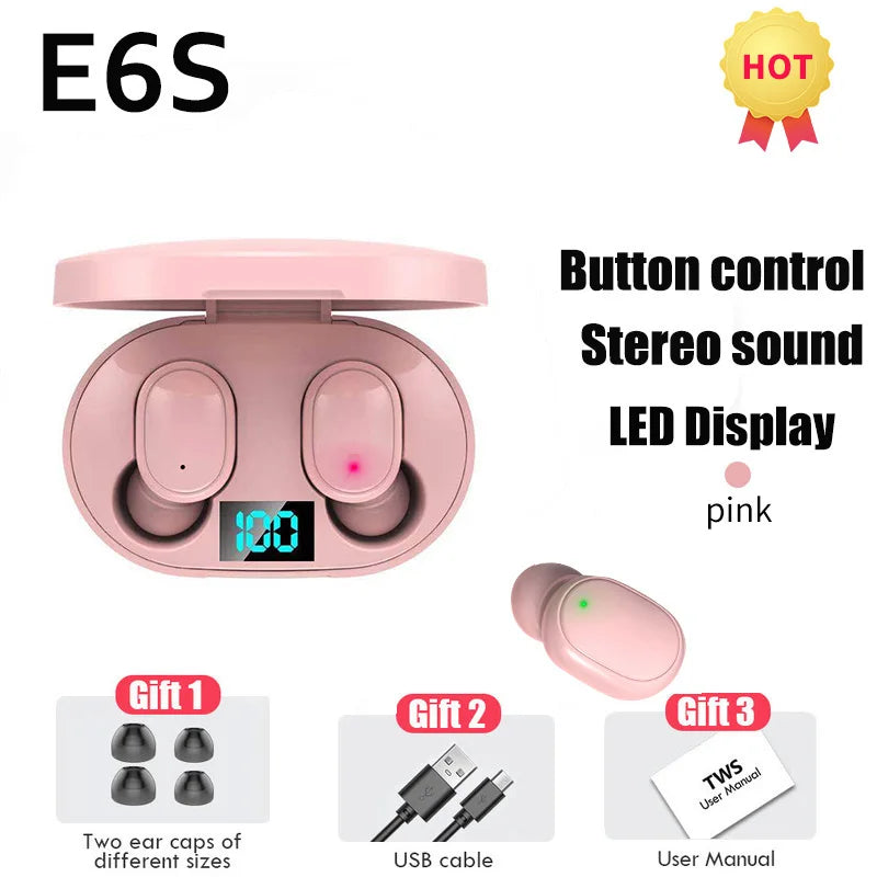 E6S TWS Earphones Wireless Bluetooth V5.1 Headset Noise Cancelling Headsets with Mic Sports Headphones For iPhone Xiaomi Redmi