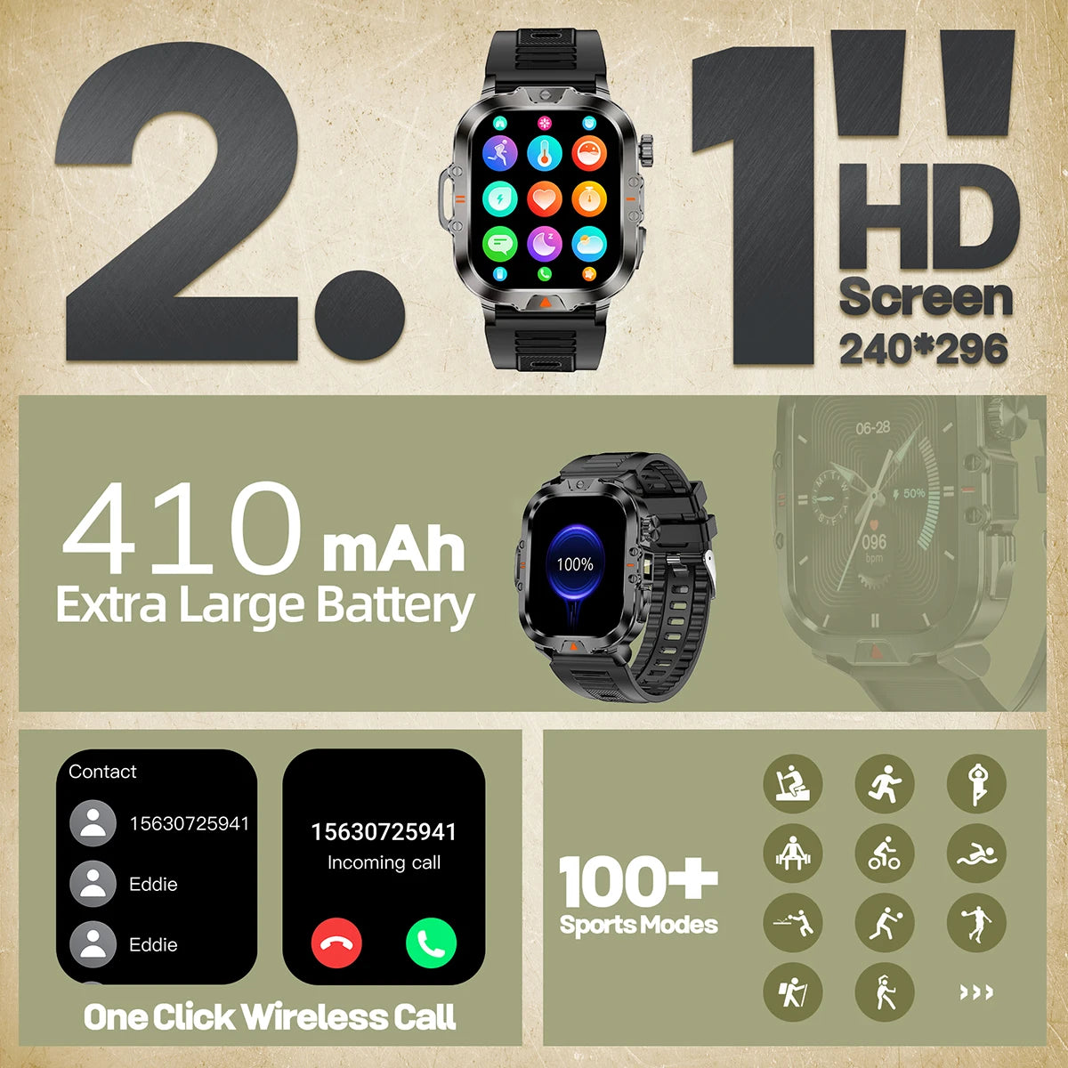 LED Flashlight Smart Watch 2.01" Bluetooth Call Voice Assistant Multi Sports Modes Health Monitoring Smartwatch For Men Women
