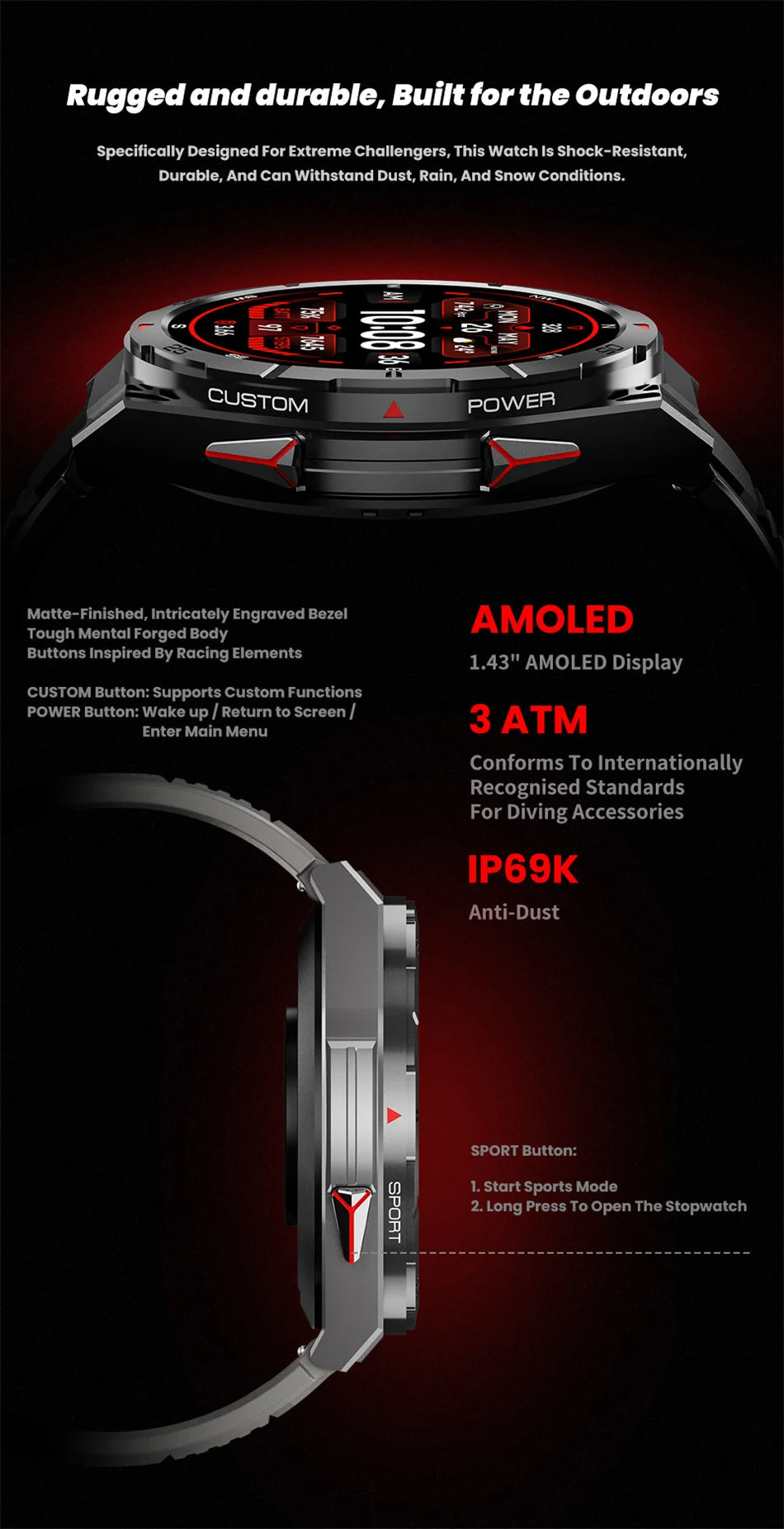 GPS Smartwatch Men 1.43" AMOLED 10ATM Waterproof Bluetooth HD Call Compass Altitude Barometer Multi Sport Mode Smart Watch