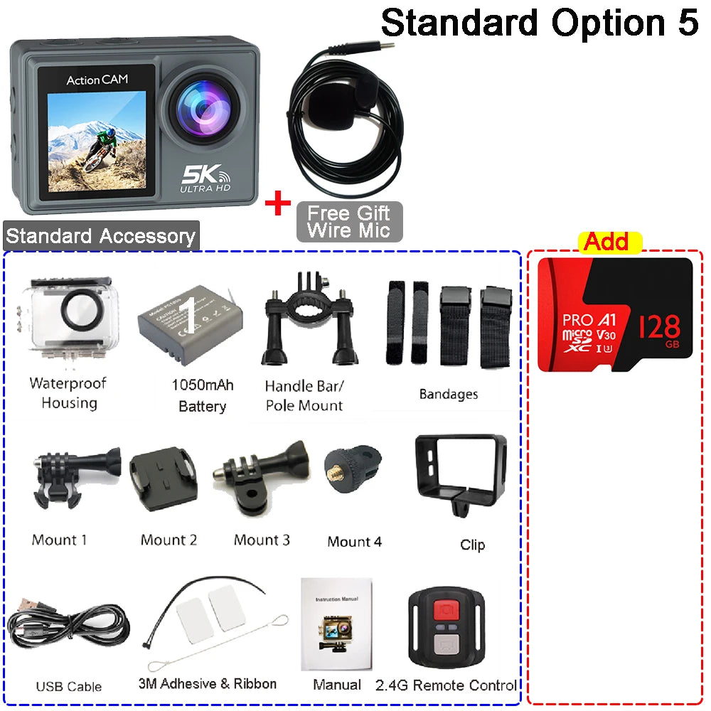 5K 4K60FPS Action Camera Dual IPS Touch LCD DVR EIS 170° 30M Waterproof 5X Zoom Sport Camera With Wireless Mic&Remote Control