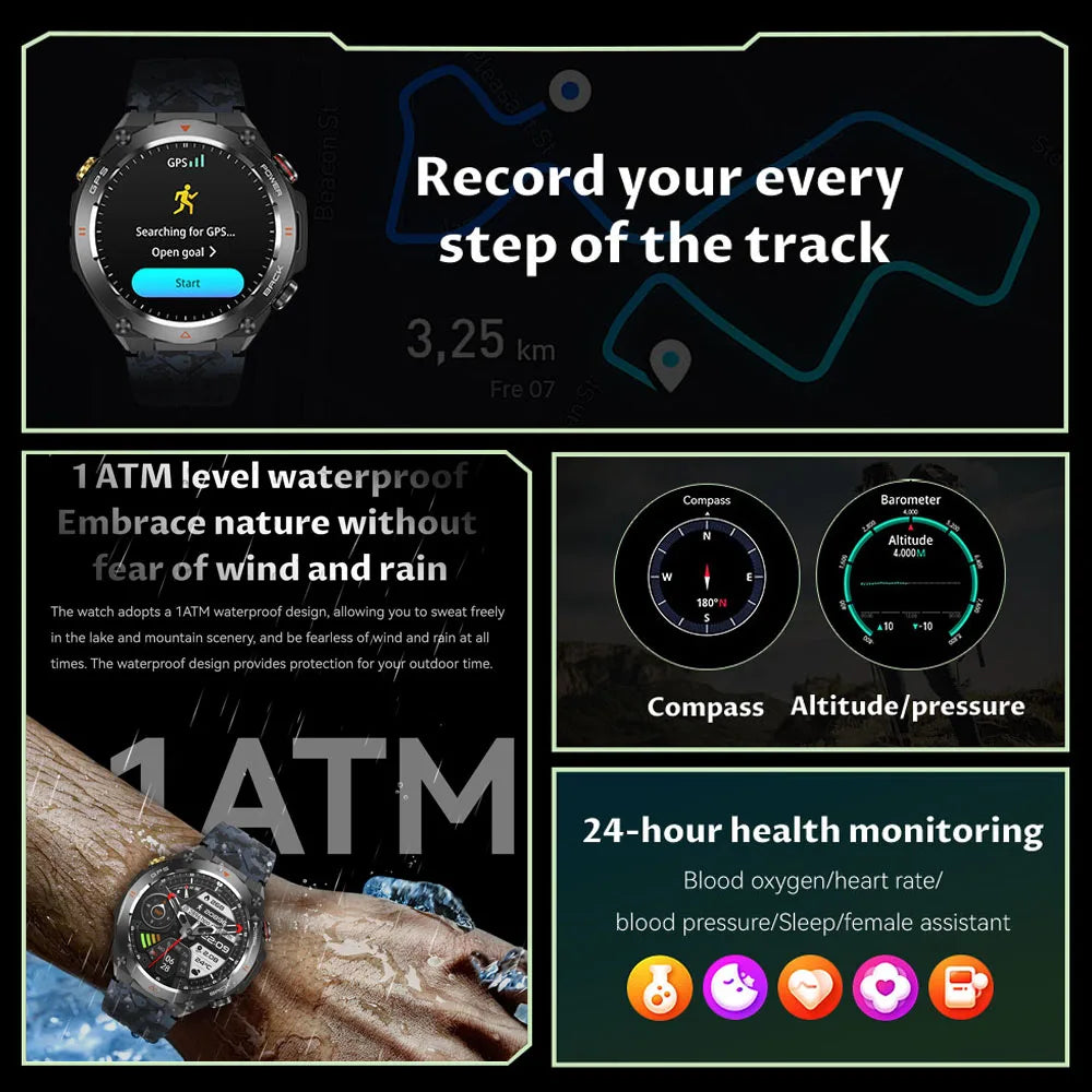 For Huawei Xiaomi GPS Outdoor Military Smart Watch Men 5ATM Waterproof Compass Altitude Monitor Watch 650mAh BT Call Smartwatch