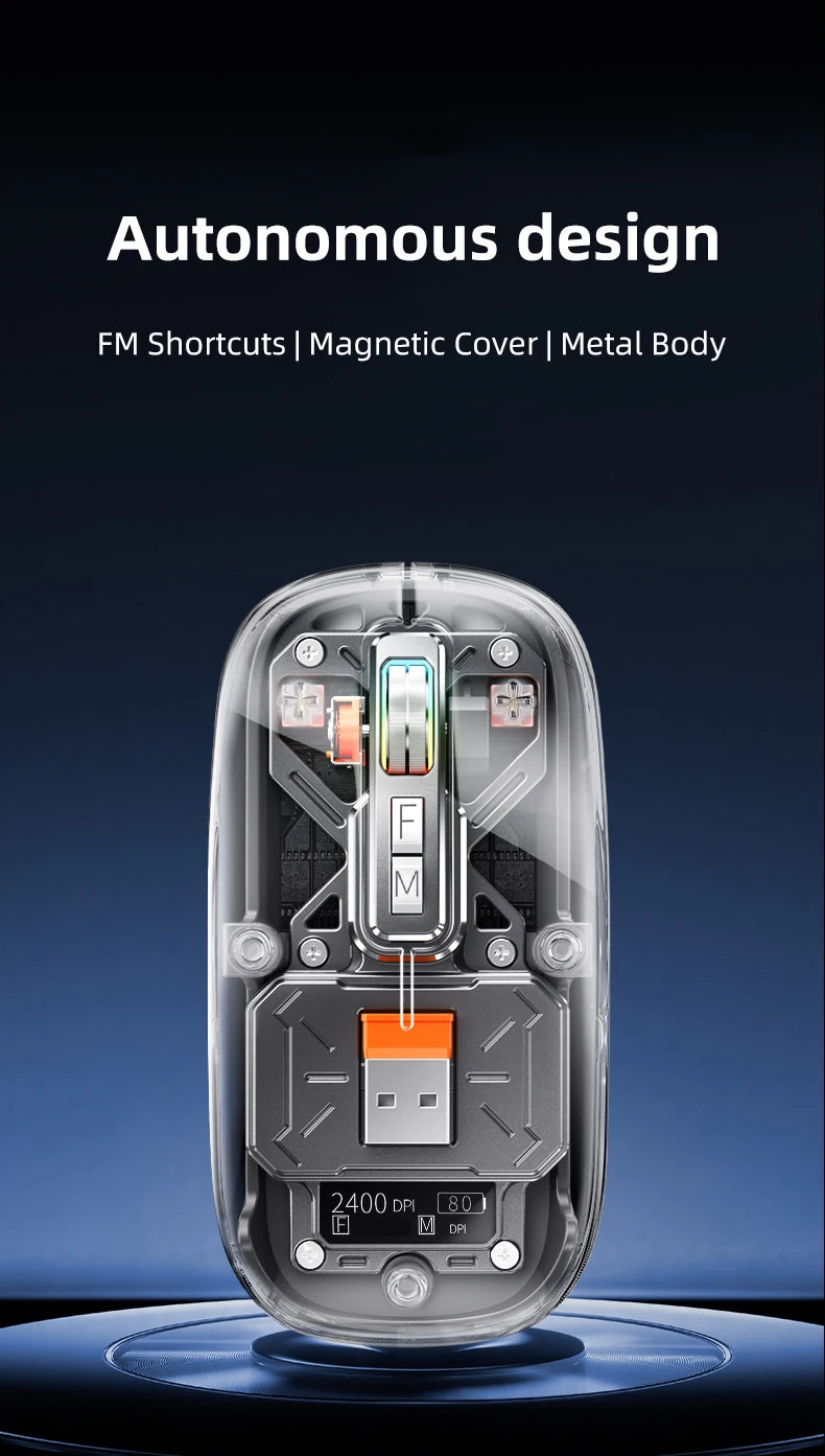Full of technological sense! Translucent wireless mouse with multi-mode connection and metal roller.