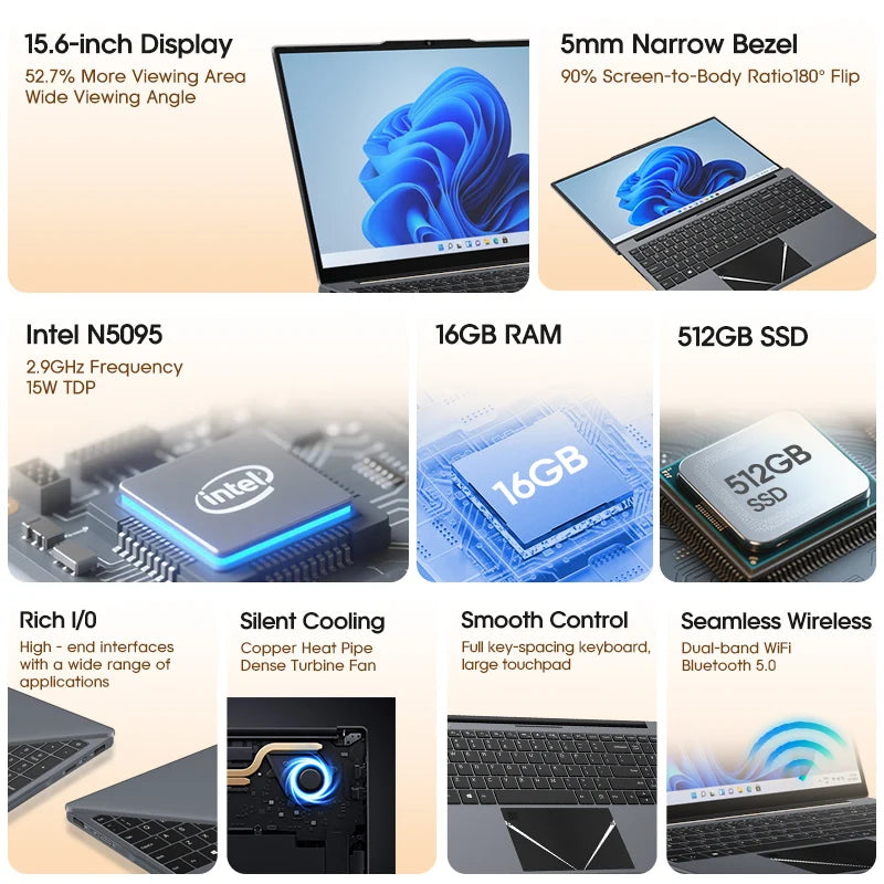 15.6" Ultra Slim Laptop 16GB RAM 512GB SSD Intel N5095 Notebook 1920*1080 FHD Screen Windows 10 Office Study Portable Computer