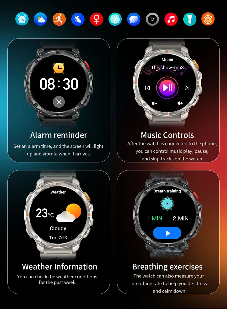 1100mAh Battery Outdoor Sport Smartwatches Men LED Flashlight Message Push Heart Rate 3ATM Waterproof Bluetooth Call Smart Watch