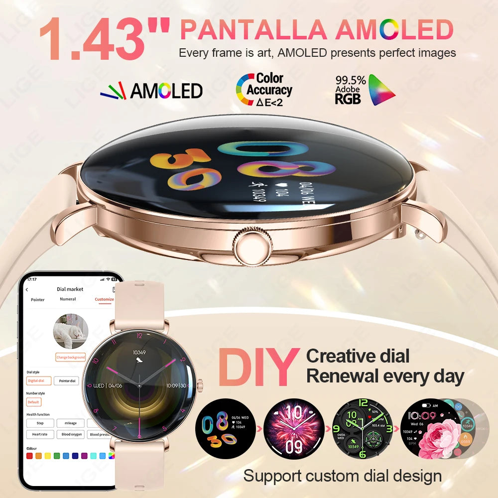 LIGE 2025 New Smart Watch Women 1.43" AMOLED HD Screen Heart Rate Sport Fitness Bluetooth Call Ladies Smartwatch For Android IOS