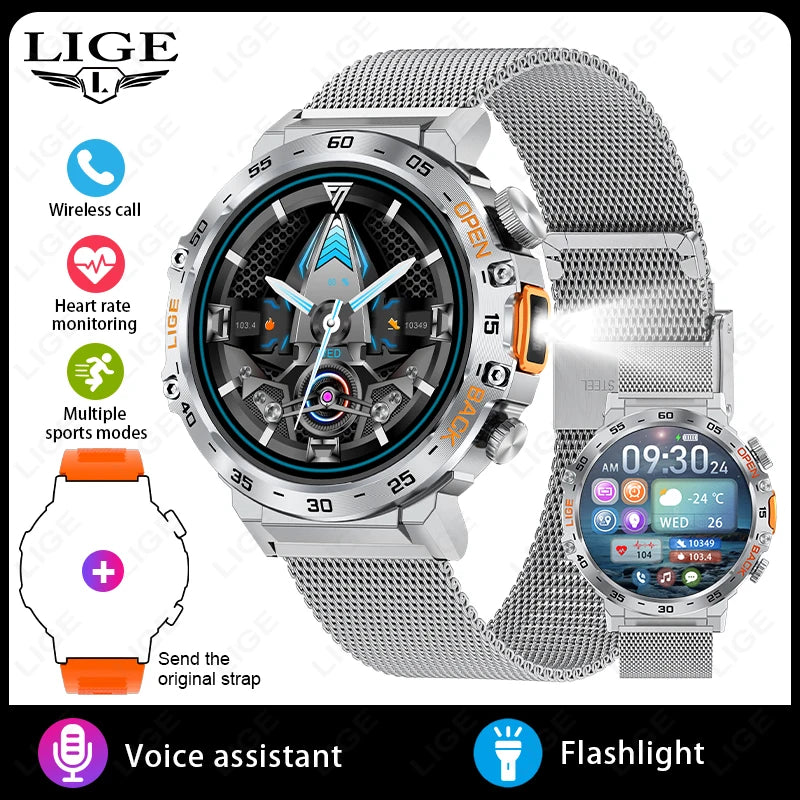 LIGE 2025New Smart Watch Men 360*360 AMOLED HD Screen Waterproof Sport Fitness Watches Flashlight New Smartwatch For Android ios
