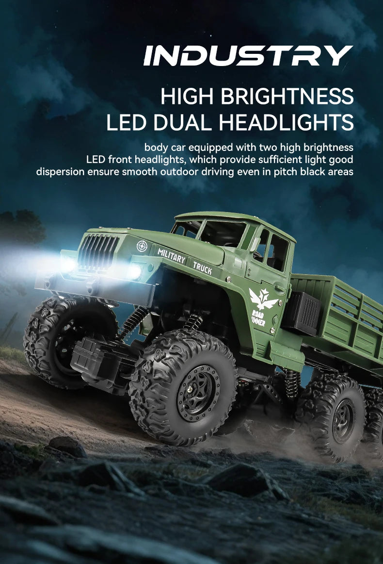 1/16 2.4G Aluminum Alloy RC Truck Six Wheel Military Edition with LED Lights Outdoor Remote Control Cars Toys Gift for Children