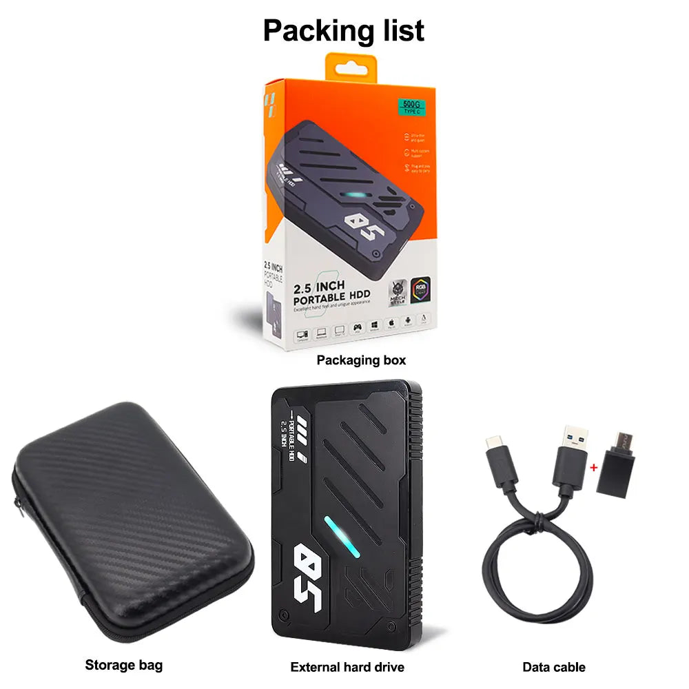 Portable External Hard Drive 1TB 750G 500G 320G 250G 160G USB3.0 USB3.1 2.5" Mecha RGB Storage Disk for PC PS5 PS5 Xbox Laptops