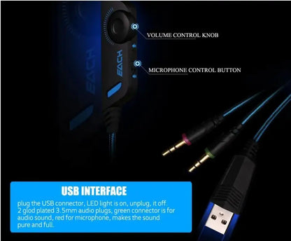 EACH G2000 Gaming Headset Deep Bass Stereo Game Headphone with Microphone LED Light for PC Laptop PS4+Gaming Mouse+Mice Pad