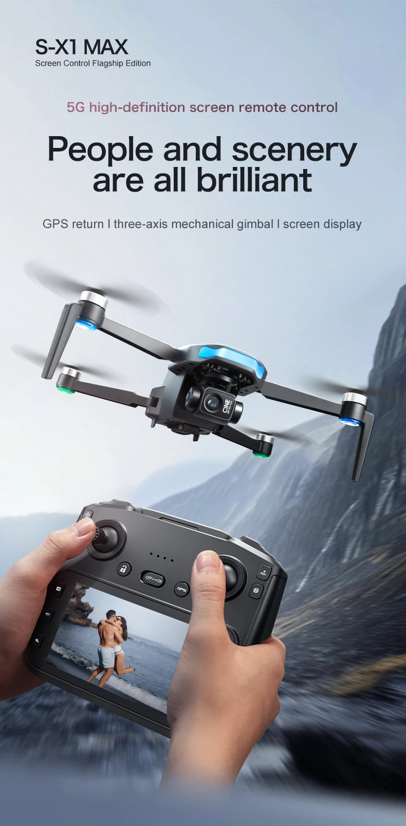 New S-X1 Max 5KM LCD SC GPS Drone 4K Dual Camera 5G Wifi FPV 3-Axis Gimbal Professional Digital image transmission RC Dron Toys