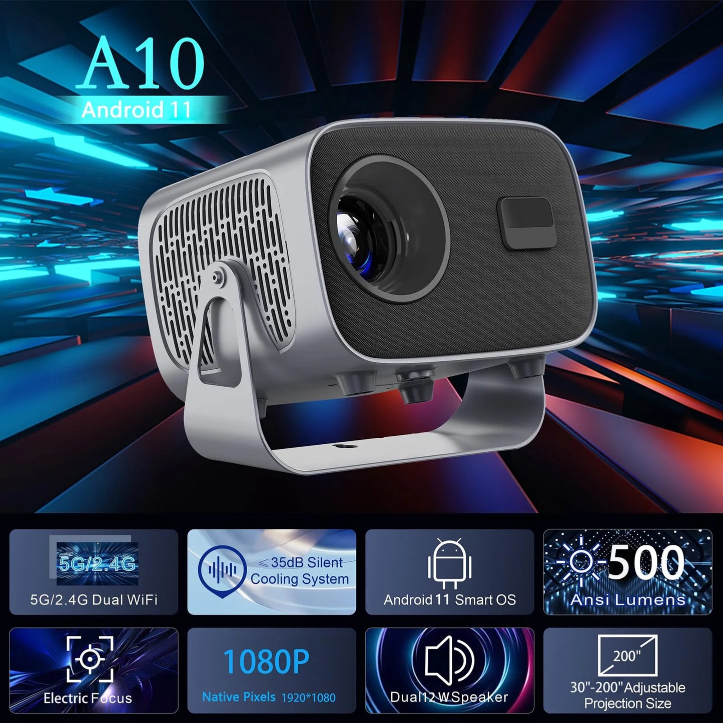 Projector Built in 5W Speaker 1280*720P RGB LED Android 11 4000 Lumens Wifi2.4G/5G BT5.2 Outdoor Video Home Theater Projector