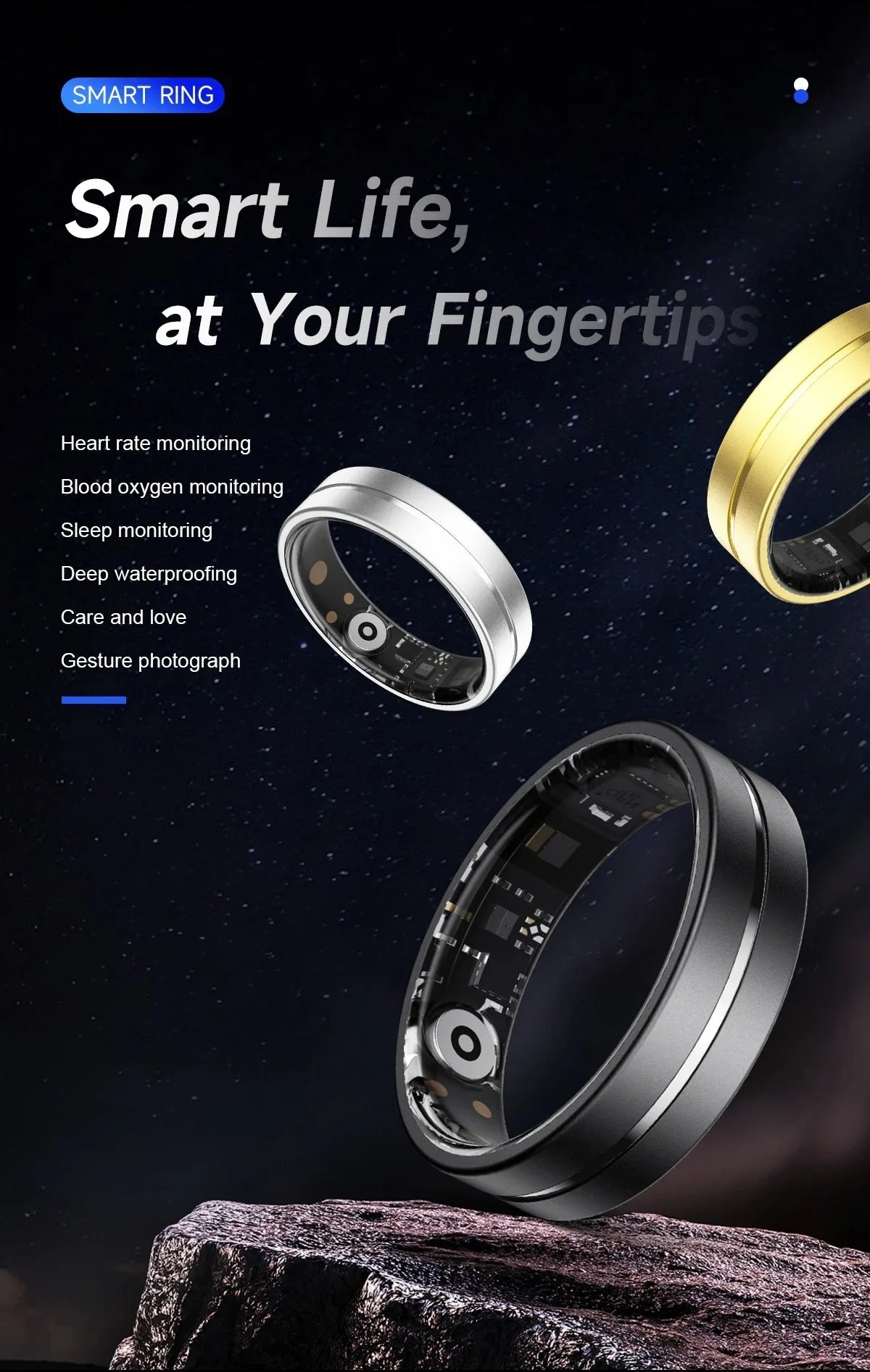Smart Health Ring Comprehensive Monitoring Elegant Design Multi-Functional Sports Tracker IP68 Waterproof Rings for Women Men