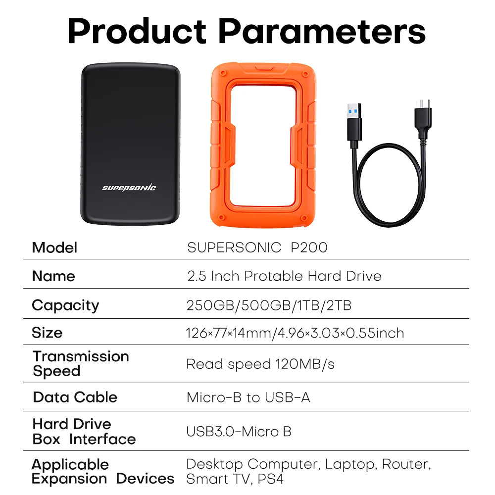 Supersonic Portable Hard Drive PHDD USB 3.0 1TB 500G 2.5 Inch External SSD Hard Disk For Laptop Computer Smart TV PS4