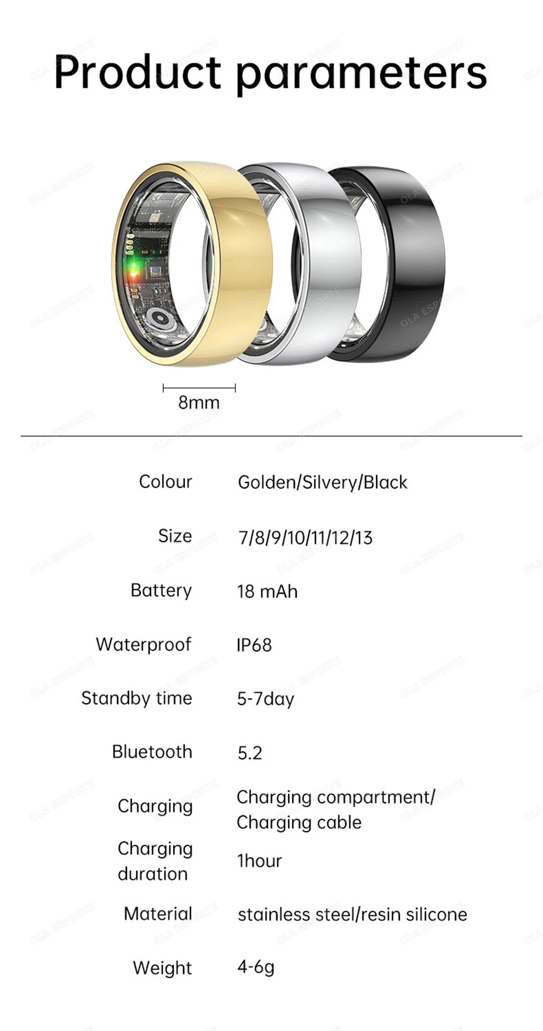 Smart Rings Steps Heart Rate Blood Oxygen Saturation Sleep Distance Calories IP68 Smart Ring Waterproof Multi-sport Mode Tracker