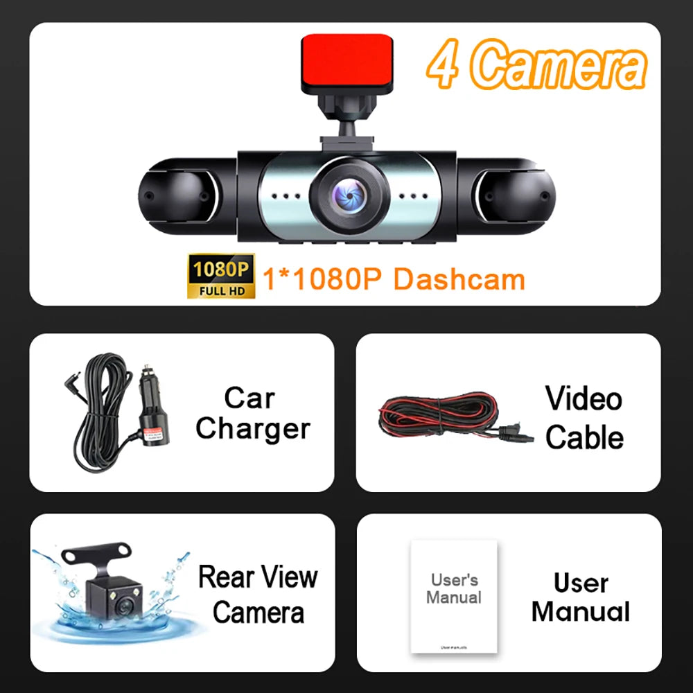 Dash Cam for Car 3/4 Channels Video Recorder 1080P Car DVR  Front inside Rotatable and Rear View Night Vision Car accessory