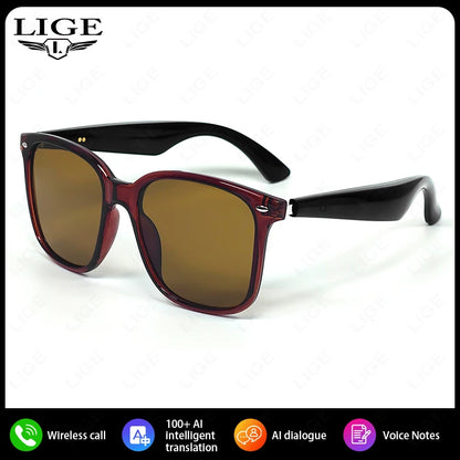 LIGE New Smart Glasses Women Men AI Intelligent Translation 100 Language UV Protection Sunglasses Driving Wireless Music Eyewear