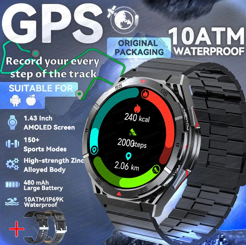 New Outdoor Built-in GPS Smart Watch Men 1.43'' AMOLED Display Compass 3ATM Waterproof Swimming Grade Bluetooth Call Smartwatch