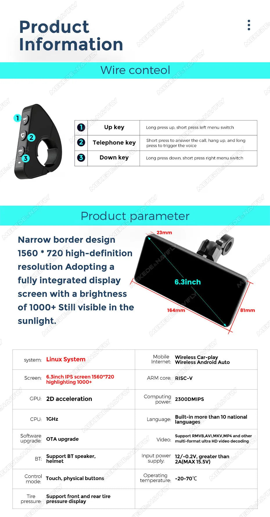 NEW 6.3inch Portable Screen Motorcycle Wireless Car-play Android Auto Smart Player GPS Navigation IPX7 TPMS IPS 1560*720 Dual BT