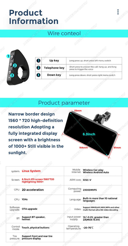 NEW 6.3inch Portable Screen Motorcycle Wireless Car-play Android Auto Smart Player GPS Navigation IPX7 TPMS IPS 1560*720 Dual BT