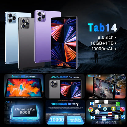 2025 Pad Tab 14 8 inch Android 12 16GB Ram 1TB Rom Dual SIM 10 Core Dimensity 9000 WPS GPS Bluetooth 10000mAh Original Tablet