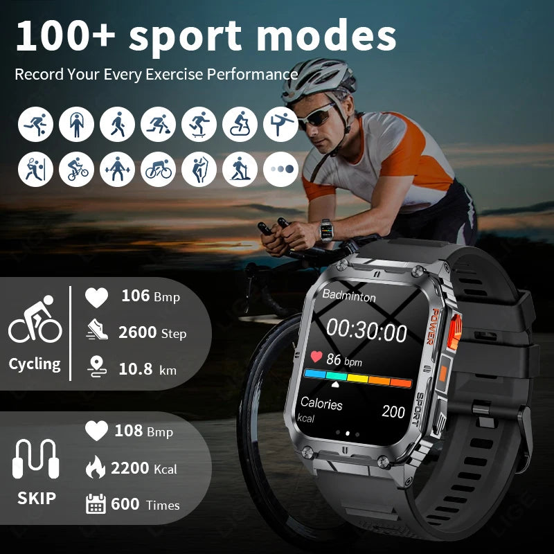 LIGE 1.91-inch Screen Men Smart Watch Led Lighting IP68 Waterproof Watch Outdoor Sport Health Monitor Smartwatch For Android IOS