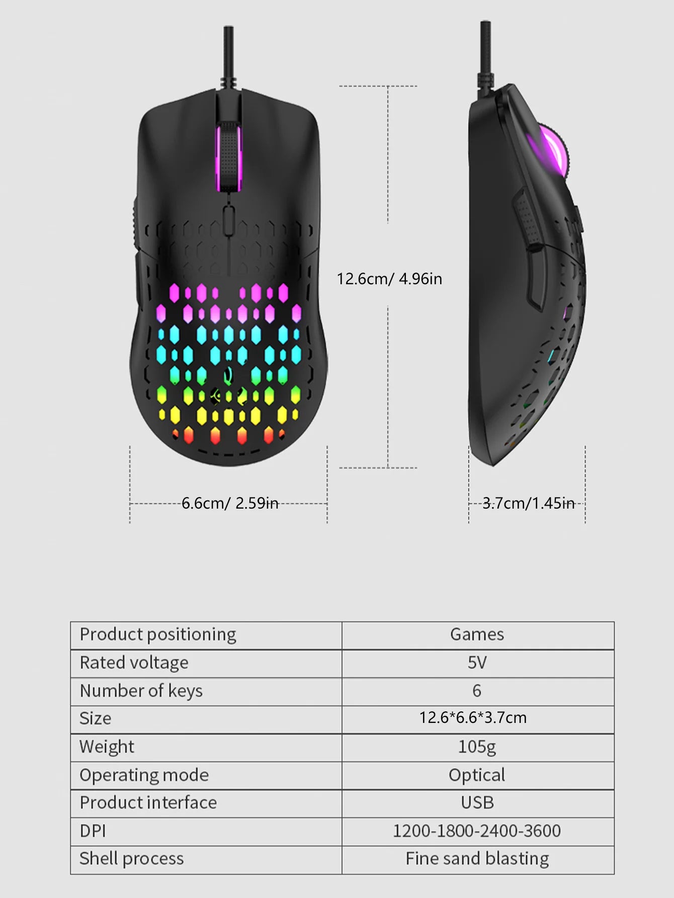 Wireless gaming mouse, dazzling colorful light effect, variable DPI, fashionable honeycomb perforated mouse