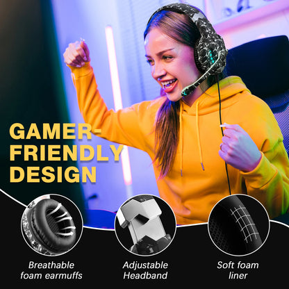Gaming Headset with Noise-Isolating Microphone, Over Ear Game Headset with LED Lighting, Volume Control, Mute Key for Smartphone