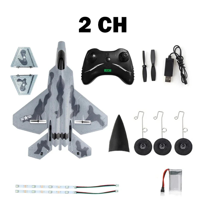 Foam RC Aircraft F22 Fighter Raptor Series FX-822 With Light 2.4Ghz 2CH Foam Drone Ready To Fly Airplane Toy Boy
