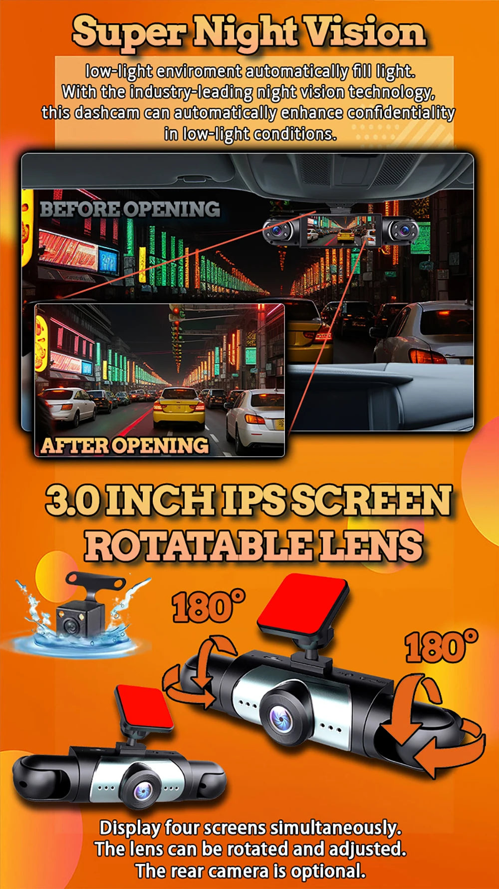 Dash Cam for Car 3/4 Channels Video Recorder 1080P Car DVR  Front inside Rotatable and Rear View Night Vision Car accessory