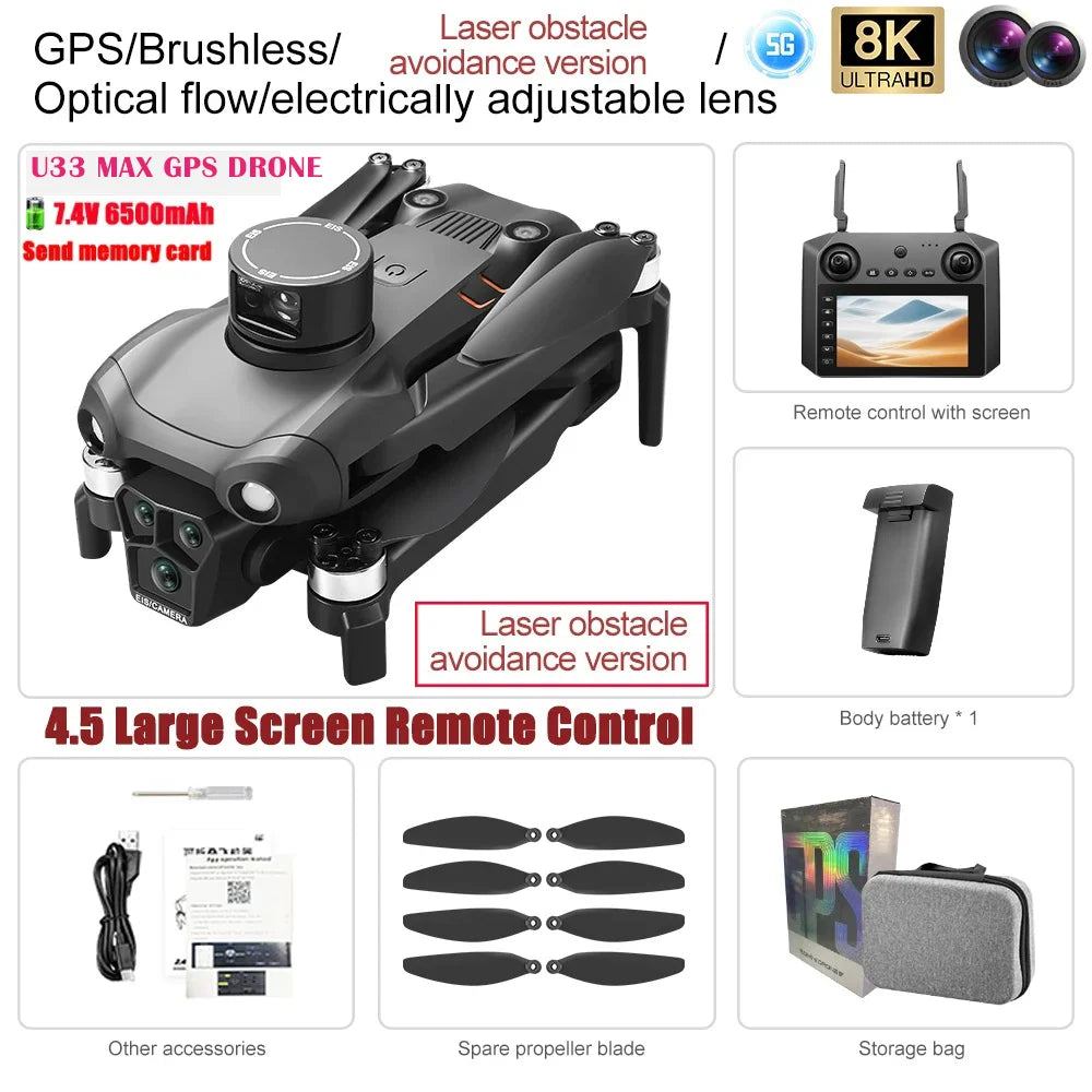 Professional GPS Drone 2025 U33 U99 with 8K Camera 360 Laser Obstacle Avoiding Touch Screen Brushless Motor FPV 5G RC Dron Toys