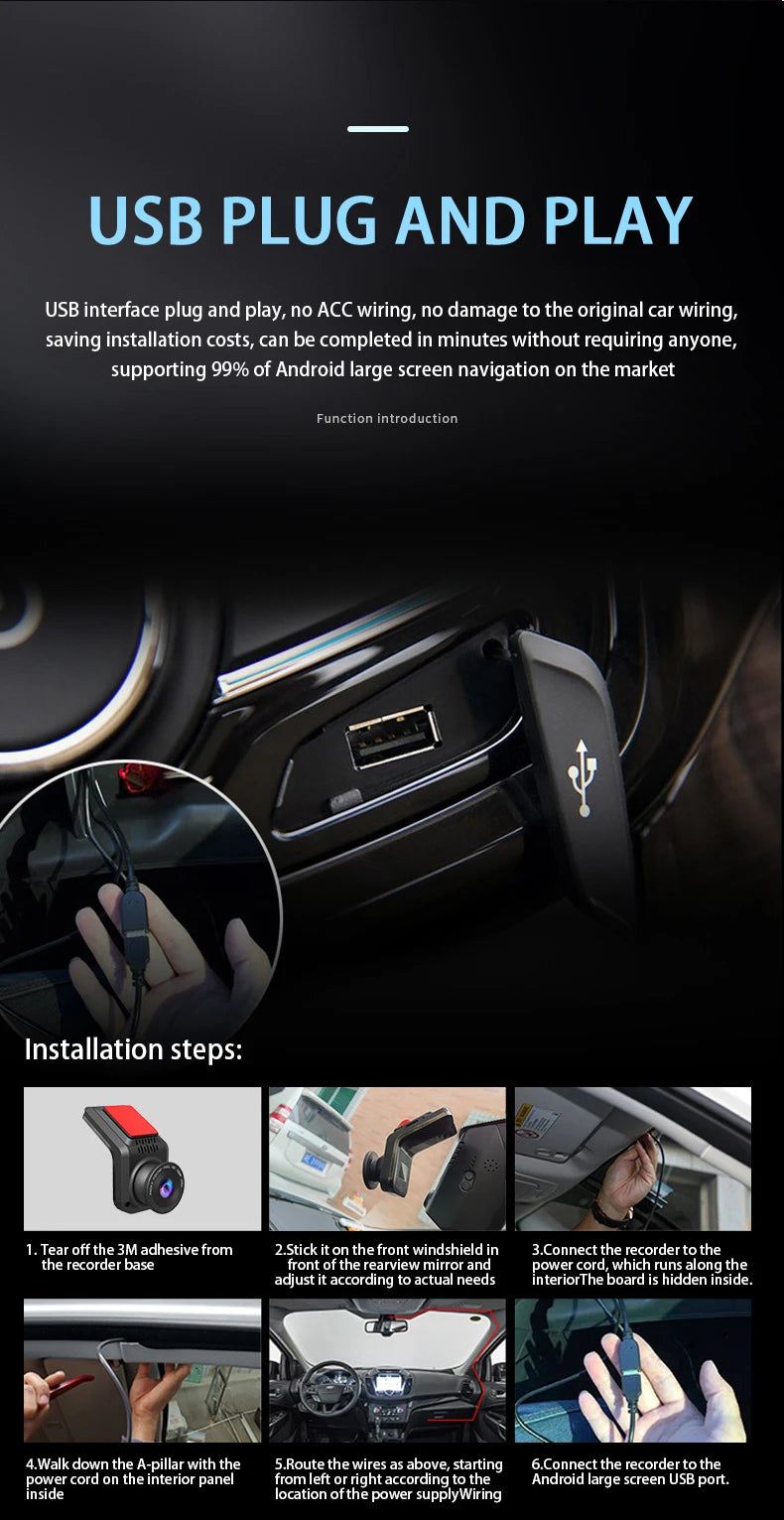 Dash Cam Car USB ADAS DVR HD1080P Special for Android Multimedia Player Dual-lens Front Rear 170 Degree Recorder Reverse Vision