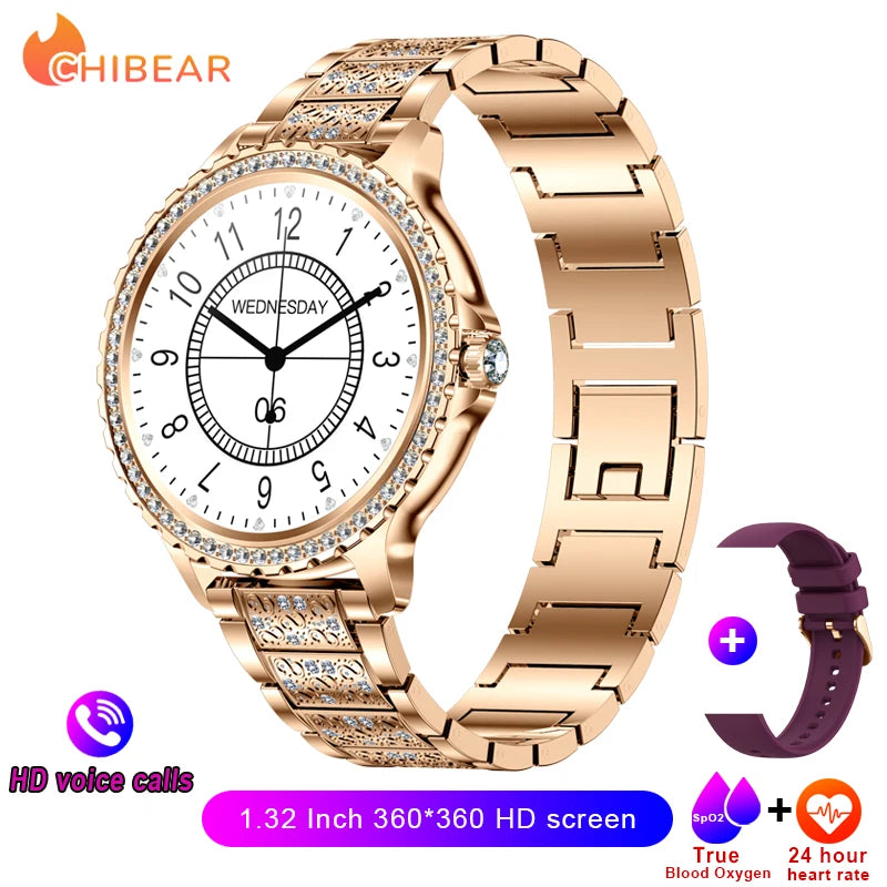 2023 New Fashion Women Bluetooth Call Smart Watch 1.32" AMOLED 360*360 HD Screen Sports Fitness Ladies Smartwatch Diamond Band